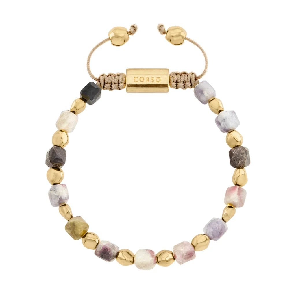 Pulsera ajustable con broche insignia Corso y cuentas facetadas en baño de oro de 22K, con piedra turmalina facetada - Joyería y bisutería fina