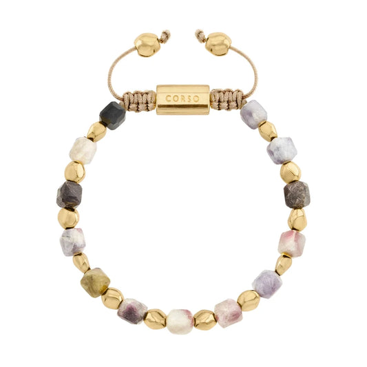 Pulsera ajustable con broche insignia Corso y cuentas facetadas en baño de oro de 22K, con piedra turmalina facetada - Joyería y bisutería fina