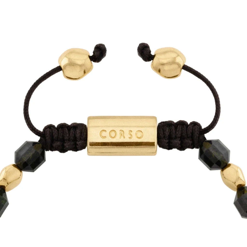 Pulsera ajustable con broche insignia Corso y cuentas facetadas en baño de oro de 22K, con piedra turmalina facetada - Joyería y bisutería fina