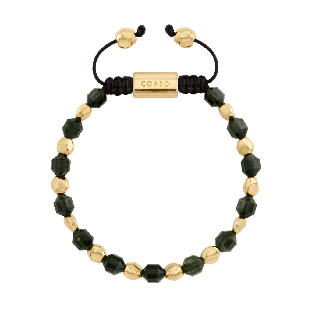 Pulsera ajustable con broche insignia Corso y cuentas facetadas en baño de oro de 22K, con piedra turmalina facetada - Joyería y bisutería fina