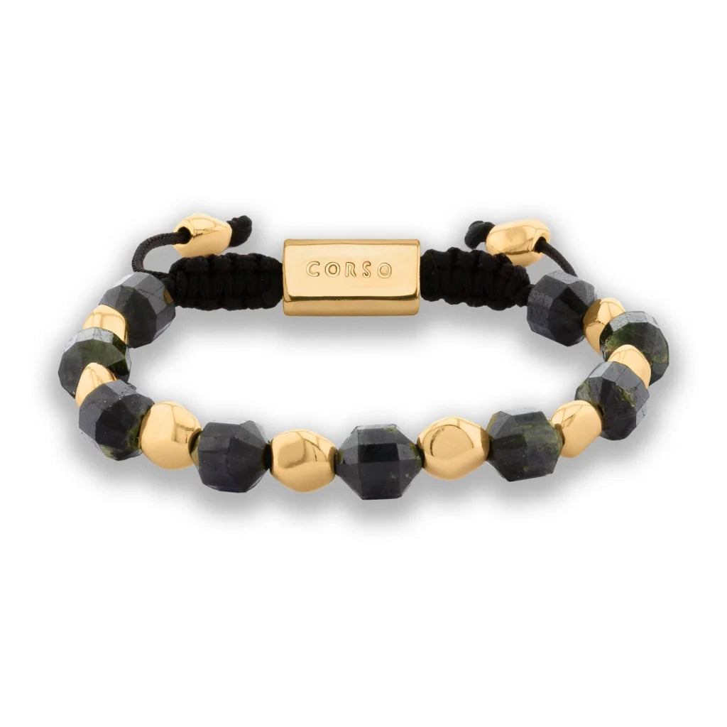 Pulsera ajustable con broche insignia Corso y cuentas facetadas en baño de oro de 22K, con piedra turmalina facetada - Joyería y bisutería fina