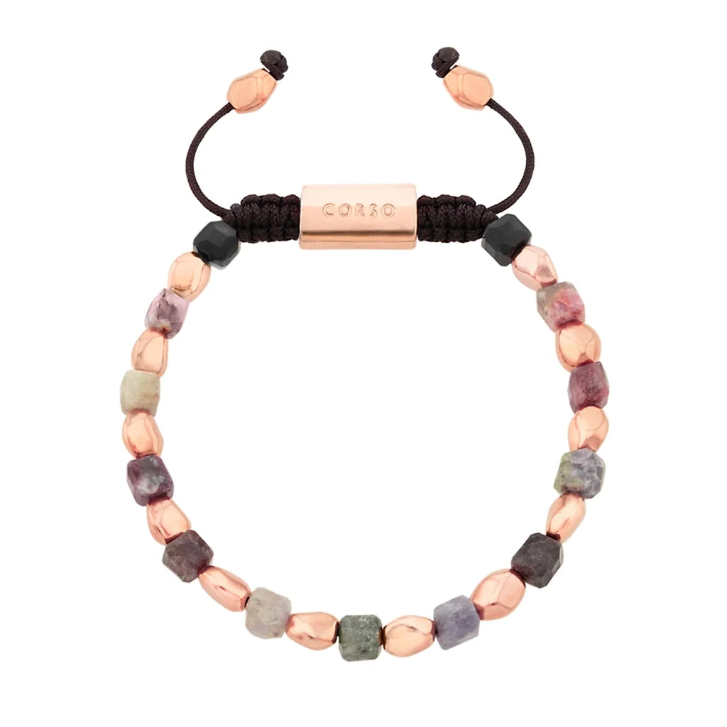 Pulsera ajustable con broche insignia Corso y cuentas facetadas en baño oro rosa de 22k, con piedra turmalina multicolor facetada - Joyería y bisutería fina