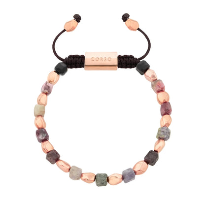 Pulsera ajustable con broche insignia Corso y cuentas facetadas en baño oro rosa de 22k, con piedra turmalina multicolor facetada - Joyería y bisutería fina