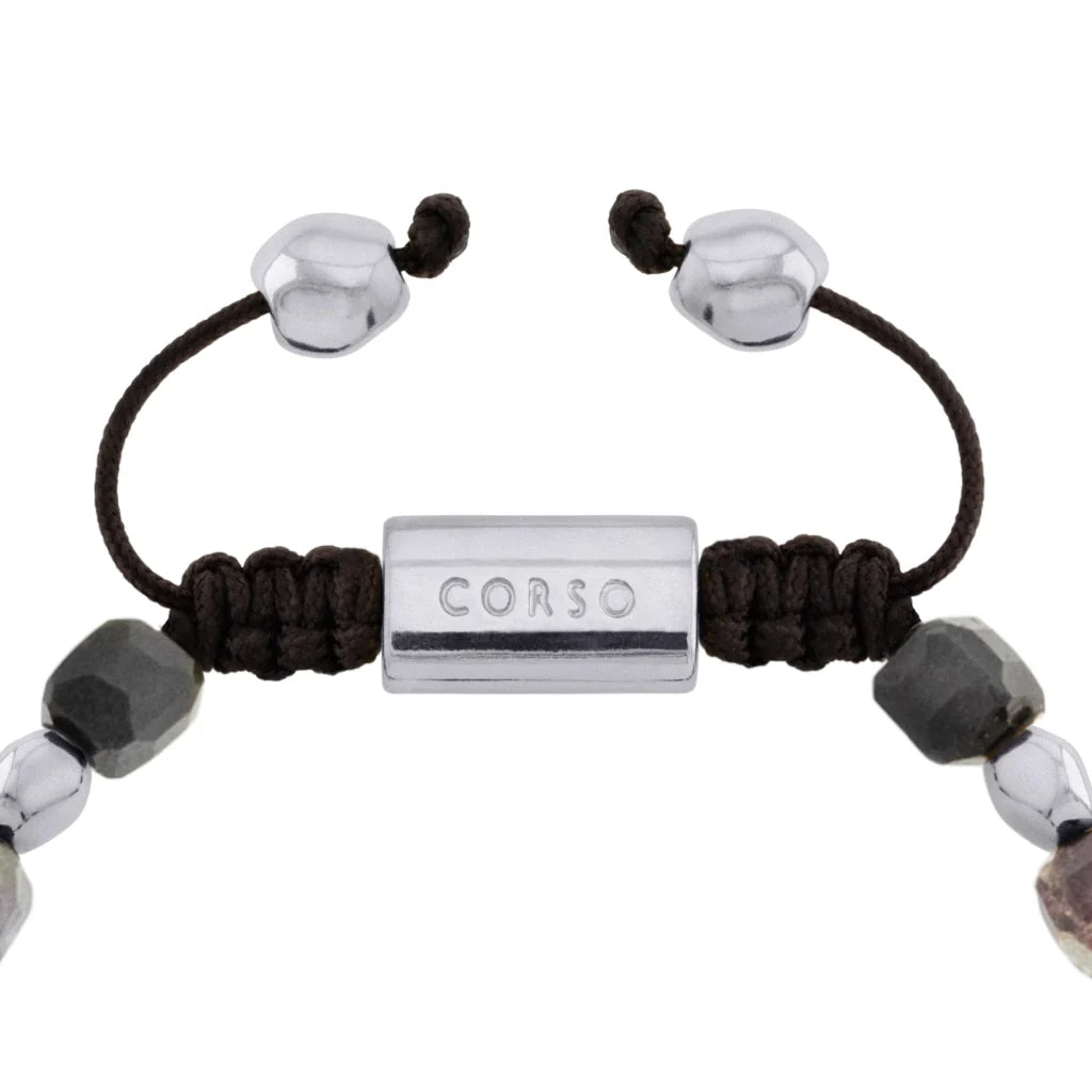 Pulsera ajustable con broche insignia Corso y cuentas facetadas en baño de rodio, con piedra turmalina facetada - Joyería y bisutería fina