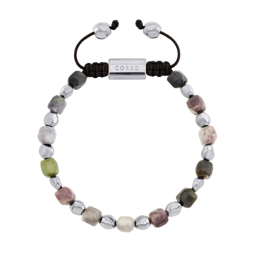 Pulsera ajustable con broche insignia Corso y cuentas facetadas en baño de rodio, con piedra turmalina facetada - Joyería y bisutería fina