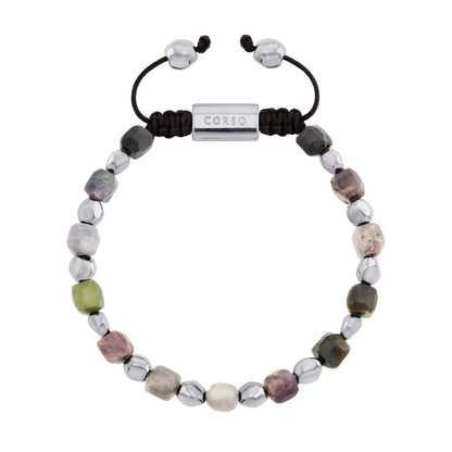 Pulsera ajustable con broche insignia Corso y cuentas facetadas en baño de rodio, con piedra turmalina facetada - Joyería y bisutería fina