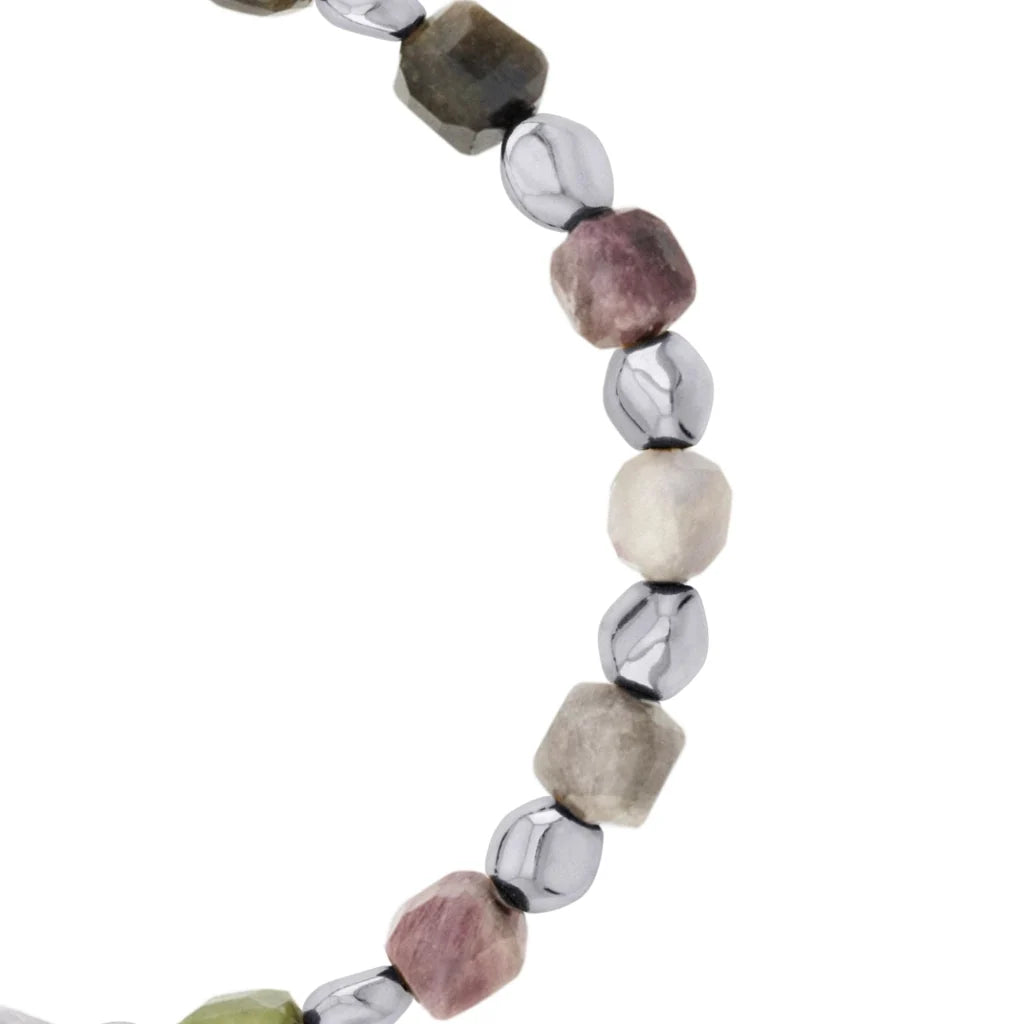 Pulsera ajustable con broche insignia Corso y cuentas facetadas en baño de rodio, con piedra turmalina facetada - Joyería y bisutería fina