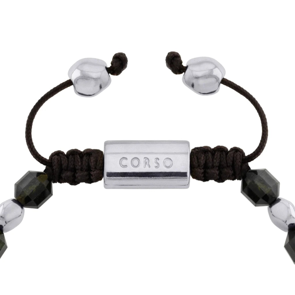 Pulsera ajustable con broche insignia Corso y cuentas facetadas en baño de rodio, con piedra turmalina facetada - Joyería y bisutería fina