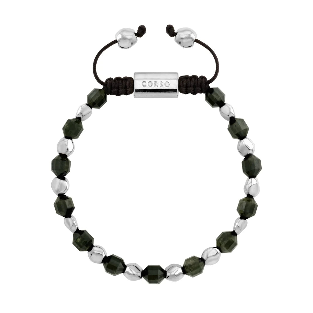 Pulsera ajustable con broche insignia Corso y cuentas facetadas en baño de rodio, con piedra turmalina facetada - Joyería y bisutería fina
