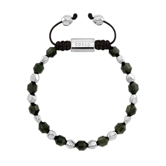Pulsera ajustable con broche insignia Corso y cuentas facetadas en baño de rodio, con piedra turmalina facetada - Joyería y bisutería fina