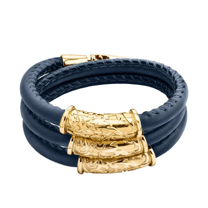 Pulsera Baño de Oro 22K, piel natural nappa, diseño hojas de laurel - Joyería y bisutería fina