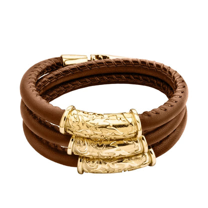 Pulsera Baño de Oro 22K, piel natural nappa, diseño hojas de laurel - Joyería y bisutería fina