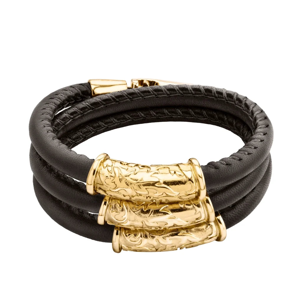 Pulsera Baño de Oro 22K, piel natural nappa, diseño hojas de laurel - Joyería y bisutería fina