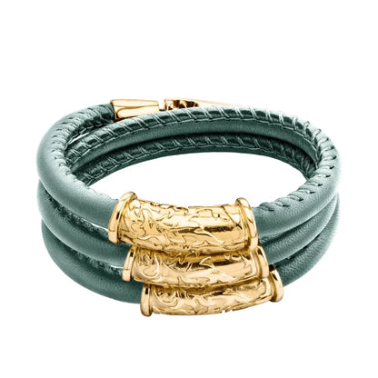 Pulsera Baño de Oro 22K, piel natural nappa, diseño hojas de laurel - Joyería y bisutería fina