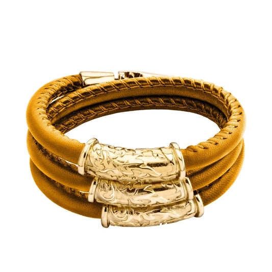 Pulsera Baño de Oro 22K, piel natural nappa, diseño hojas de laurel - Joyería y bisutería fina