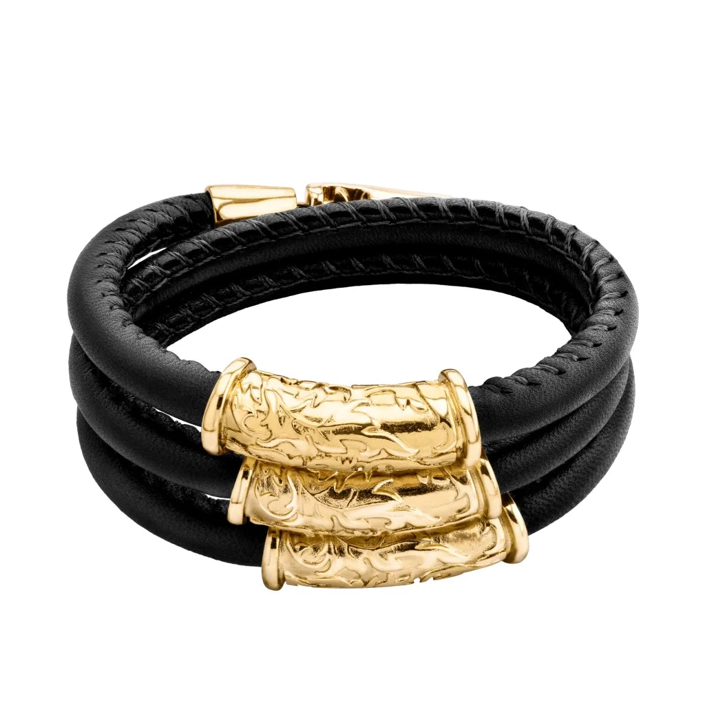Pulsera Baño de Oro 22K, piel natural nappa, diseño hojas de laurel - Joyería y bisutería fina