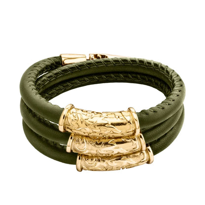 Pulsera Baño de Oro 22K, piel natural nappa, diseño hojas de laurel - Joyería y bisutería fina