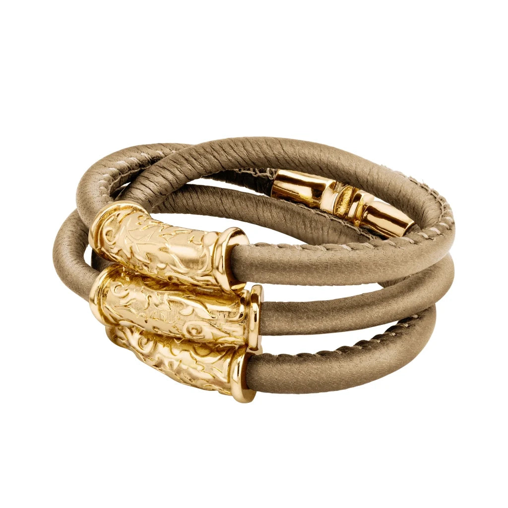 Pulsera Baño de Oro 22K, piel natural nappa, diseño hojas de laurel - Joyería y bisutería fina