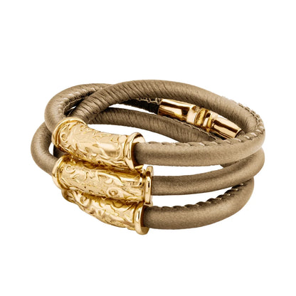 Pulsera Baño de Oro 22K, piel natural nappa, diseño hojas de laurel - Joyería y bisutería fina