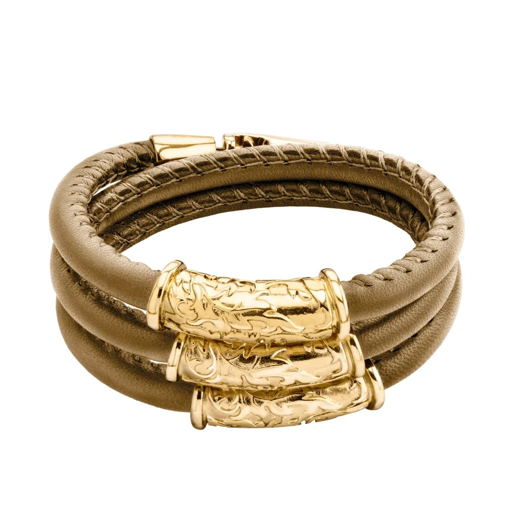 Pulsera Baño de Oro 22K, piel natural nappa, diseño hojas de laurel - Joyería y bisutería fina