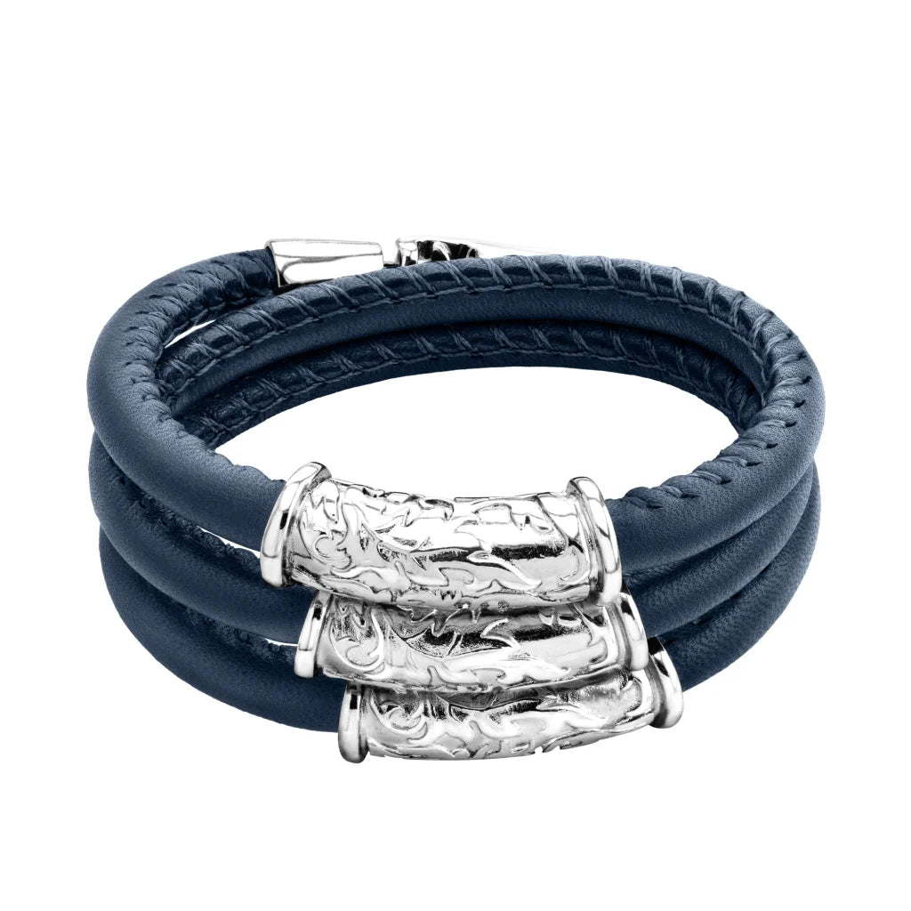 Pulsera Baño de rodio, piel natural nappa, diseño hojas de laurel - Joyería y bisutería fina