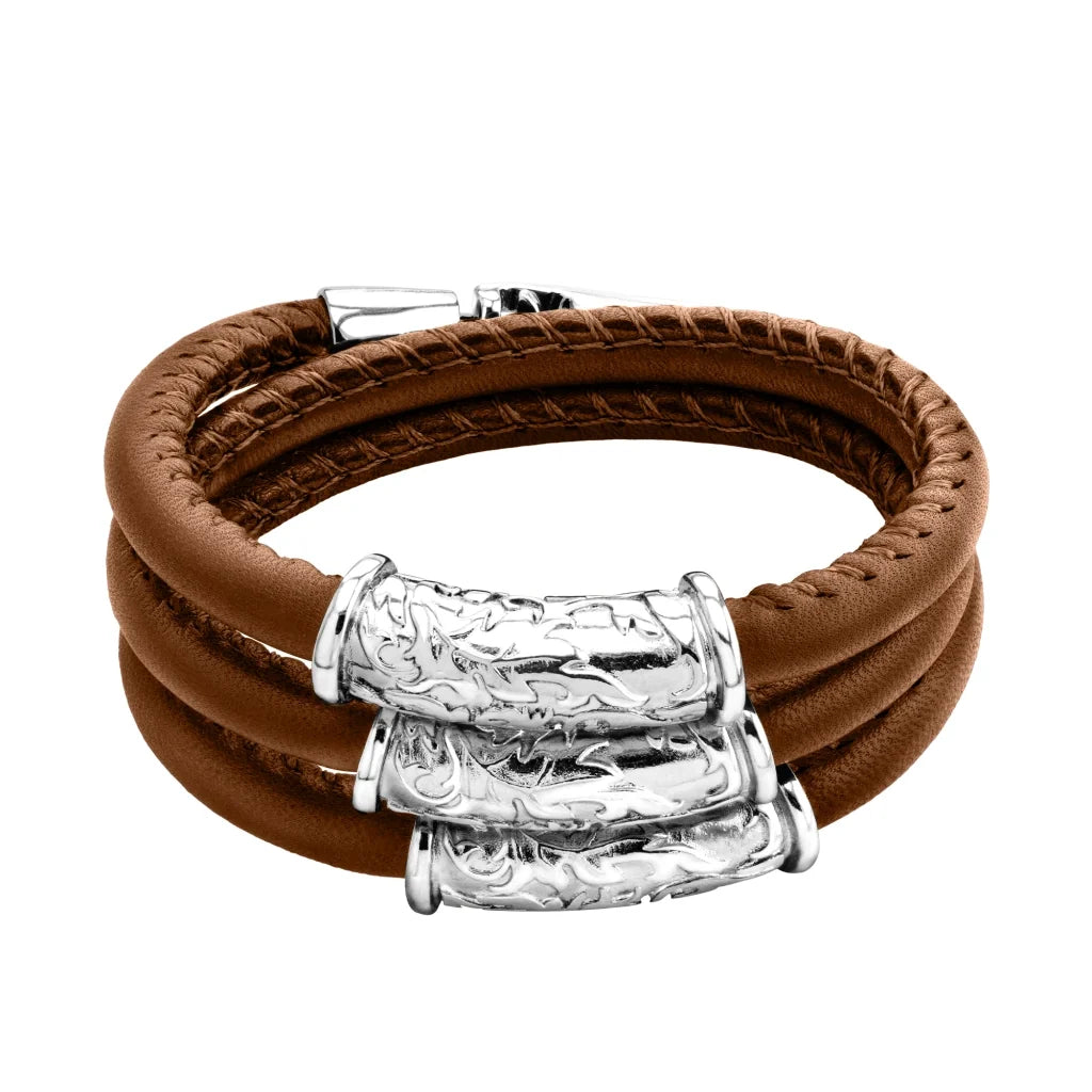 Pulsera Baño de rodio, piel natural nappa, diseño hojas de laurel - Joyería y bisutería fina