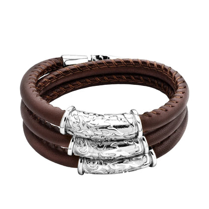Pulsera Baño de rodio, piel natural nappa, diseño hojas de laurel - Joyería y bisutería fina