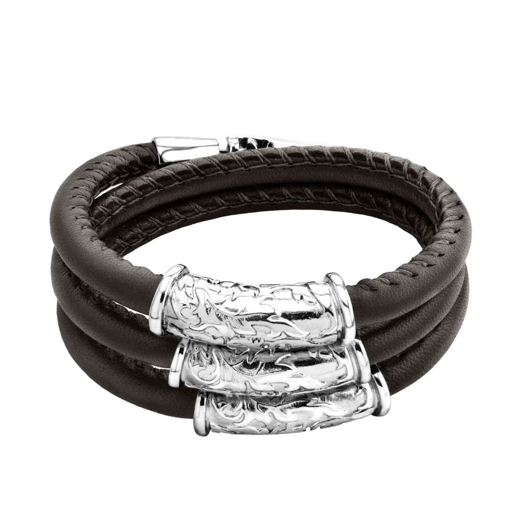 Pulsera Baño de rodio, piel natural nappa, diseño hojas de laurel - Joyería y bisutería fina