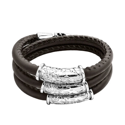 Pulsera Baño de rodio, piel natural nappa, diseño hojas de laurel - Joyería y bisutería fina