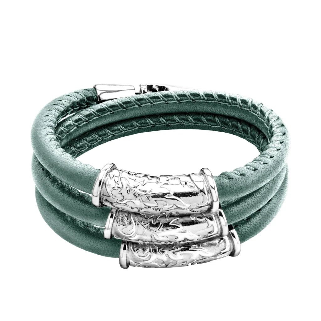 Pulsera Baño de rodio, piel natural nappa, diseño hojas de laurel - Joyería y bisutería fina