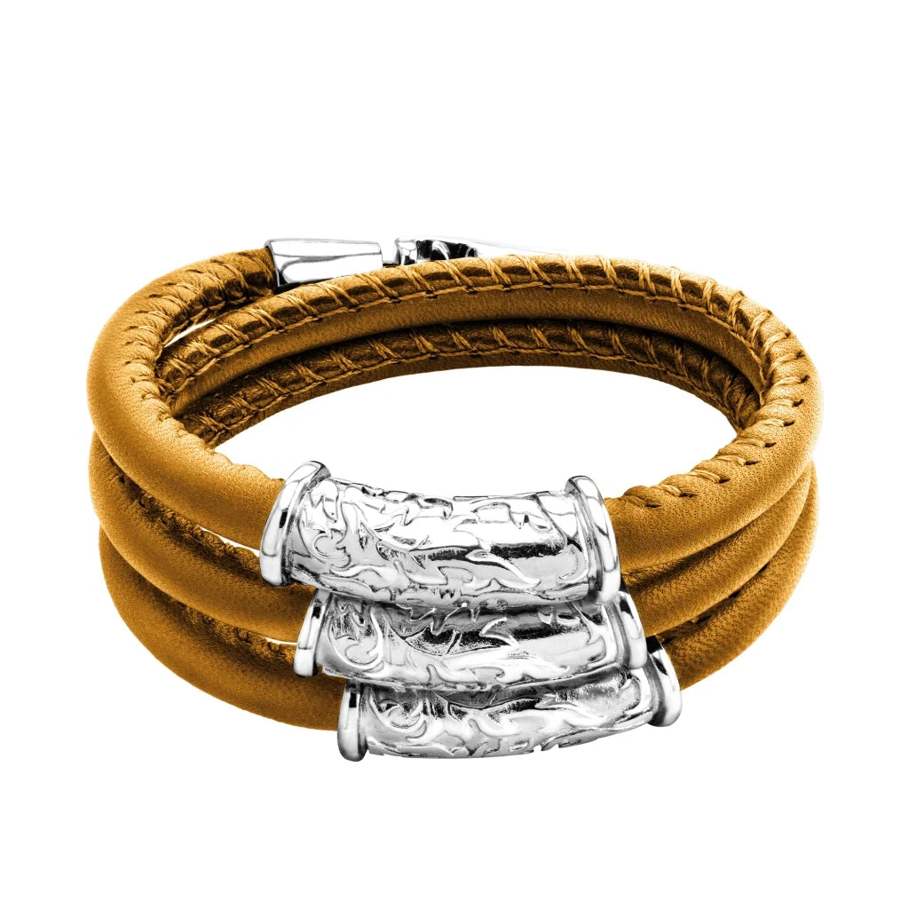 Pulsera Baño de rodio, piel natural nappa, diseño hojas de laurel - Joyería y bisutería fina