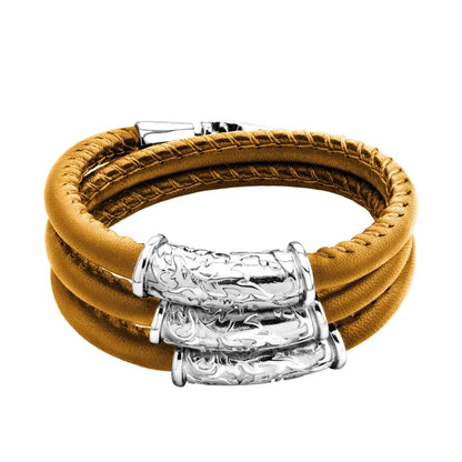 Pulsera Baño de rodio, piel natural nappa, diseño hojas de laurel - Joyería y bisutería fina