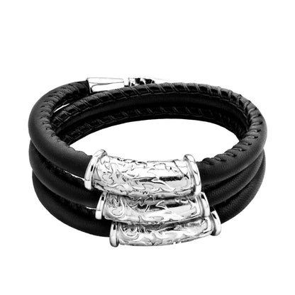 Pulsera Baño de rodio, piel natural nappa, diseño hojas de laurel - Joyería y bisutería fina