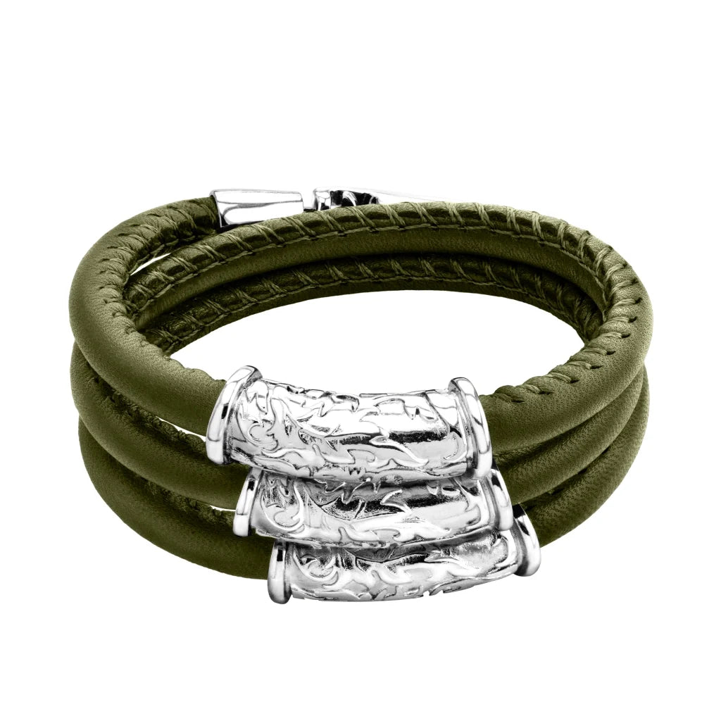 Pulsera Baño de rodio, piel natural nappa, diseño hojas de laurel - Joyería y bisutería fina