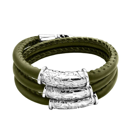 Pulsera Baño de rodio, piel natural nappa, diseño hojas de laurel - Joyería y bisutería fina
