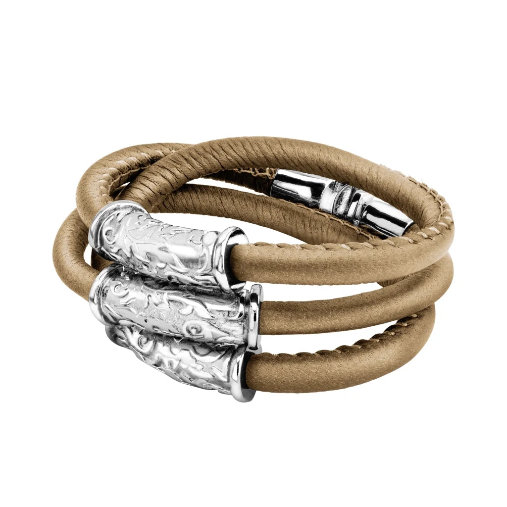 Pulsera Baño de rodio, piel natural nappa, diseño hojas de laurel - Joyería y bisutería fina