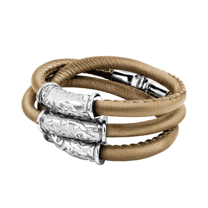 Pulsera Baño de rodio, piel natural nappa, diseño hojas de laurel - Joyería y bisutería fina