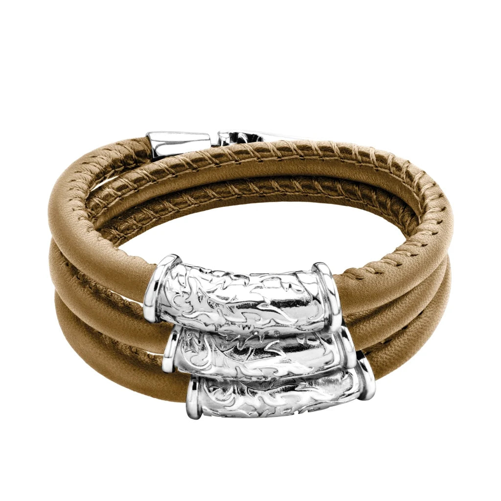 Pulsera Baño de rodio, piel natural nappa, diseño hojas de laurel - Joyería y bisutería fina