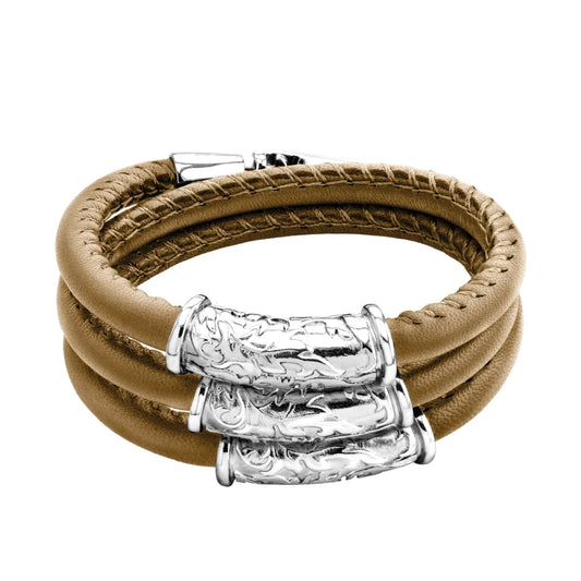 Pulsera Baño de rodio, piel natural nappa, diseño hojas de laurel - Joyería y bisutería fina