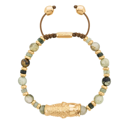 Pulsera con rondeles y dije de pez koi en baño de oro de 22K, con piedras naturales esféricas - Joyería y bisutería fina