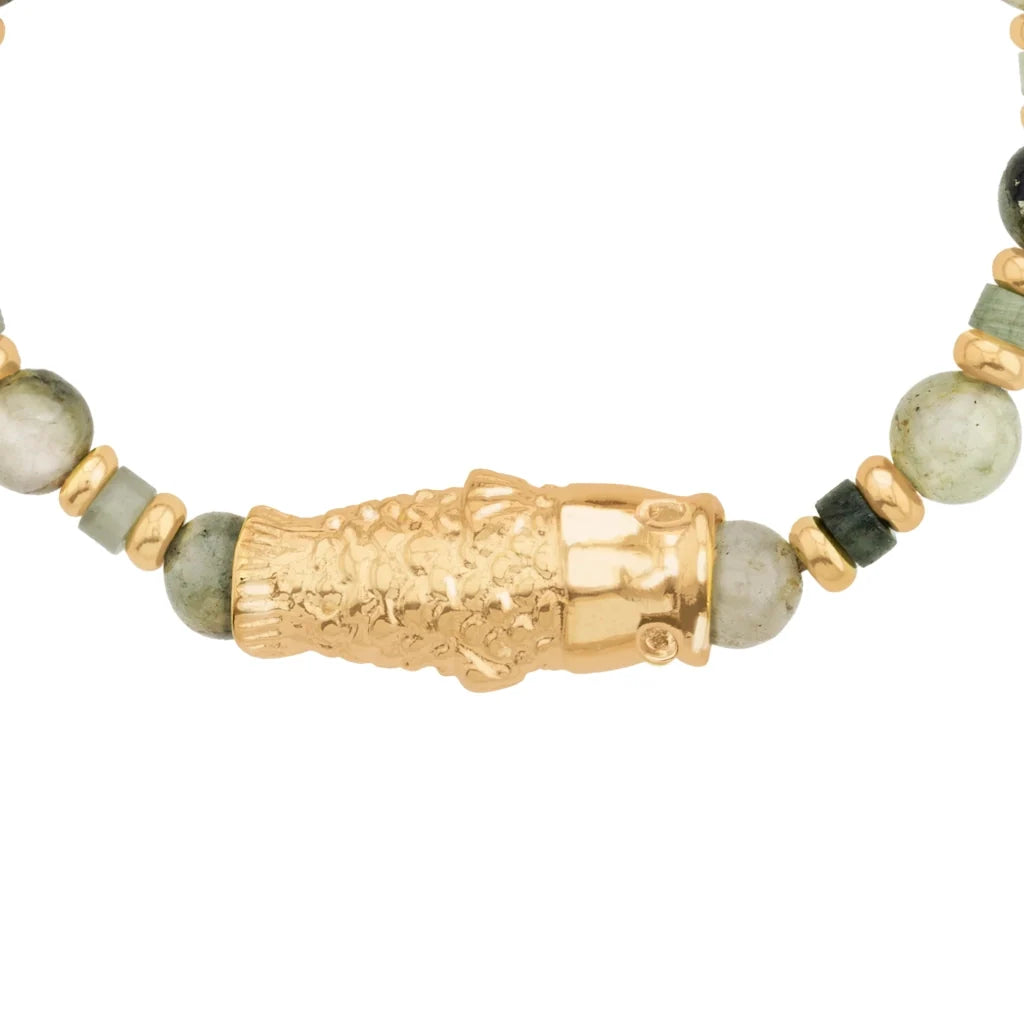 Pulsera con rondeles y dije de pez koi en baño de oro de 22K, con piedras naturales esféricas - Joyería y bisutería fina