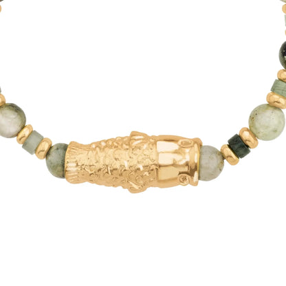 Pulsera con rondeles y dije de pez koi en baño de oro de 22K, con piedras naturales esféricas - Joyería y bisutería fina