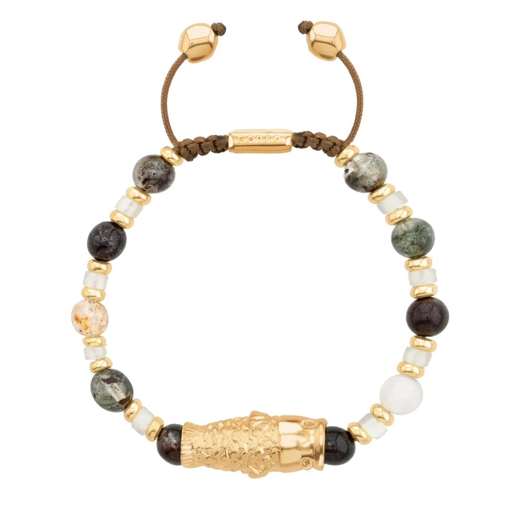 Pulsera con rondeles y dije de pez koi en baño de oro de 22K, con piedras naturales esféricas - Joyería y bisutería fina