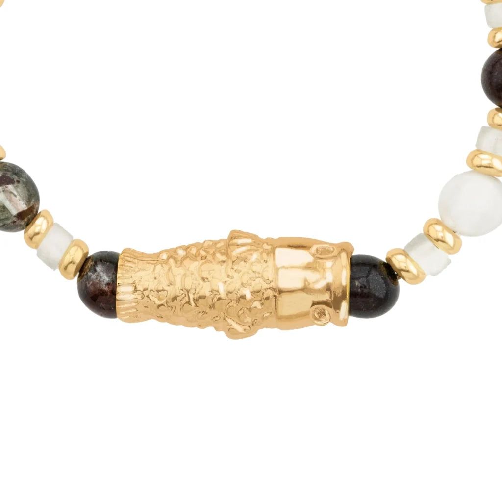 Pulsera con rondeles y dije de pez koi en baño de oro de 22K, con piedras naturales esféricas - Joyería y bisutería fina