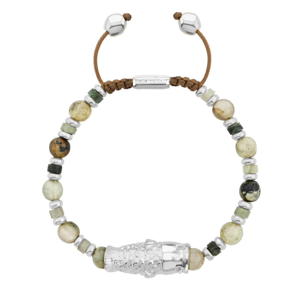 Pulsera con rondeles y dije de pez koi en baño de rodio, con piedras naturales esféricas - Joyería y bisutería fina