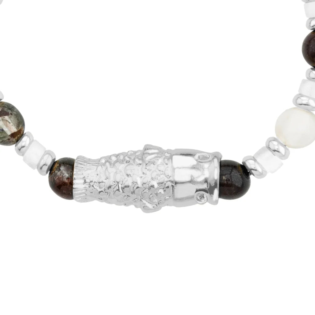 Pulsera con rondeles y dije de pez koi en baño de rodio, con piedras naturales esféricas - Joyería y bisutería fina